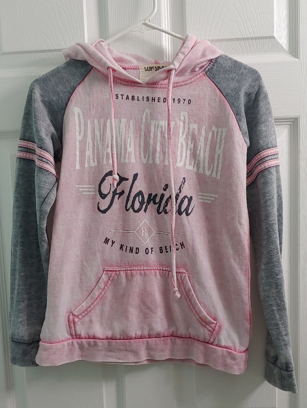 Vintage Y2K Surf Style Hoodie Panama City Beach Faded Pink Grey Pullover Size S